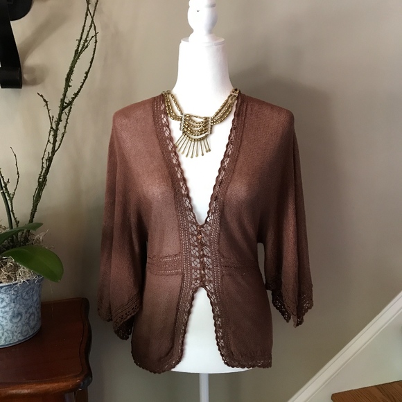 BCBGMaxAzria Tops - BCBG Kimono Sleeve Brown Crochet  Tunic  Small